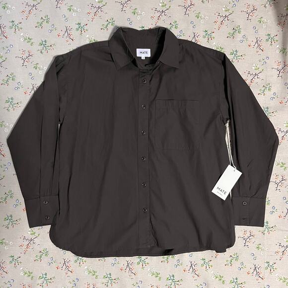 MATE the Label Poplin Long Sleeve Button Down Shirt Brown Small Organic Cotton - Picture 2 of 10